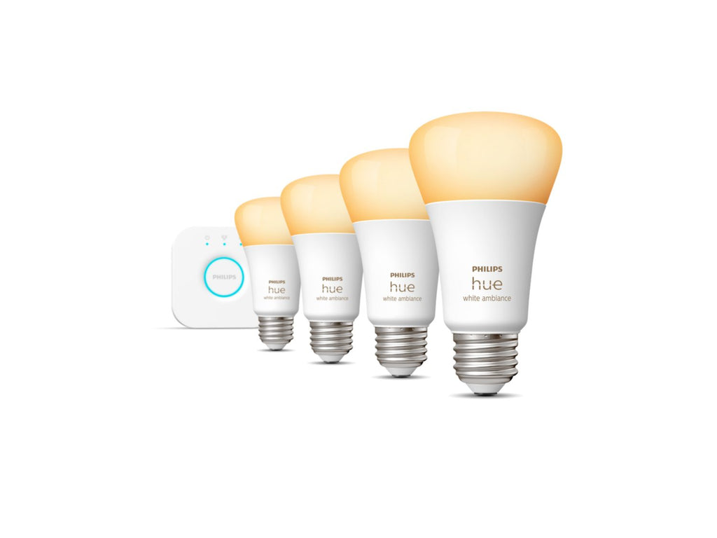 Kit de inicio inteligente Philips Hue con 4 focos tonos de blanco A19 + Bridge - Philips