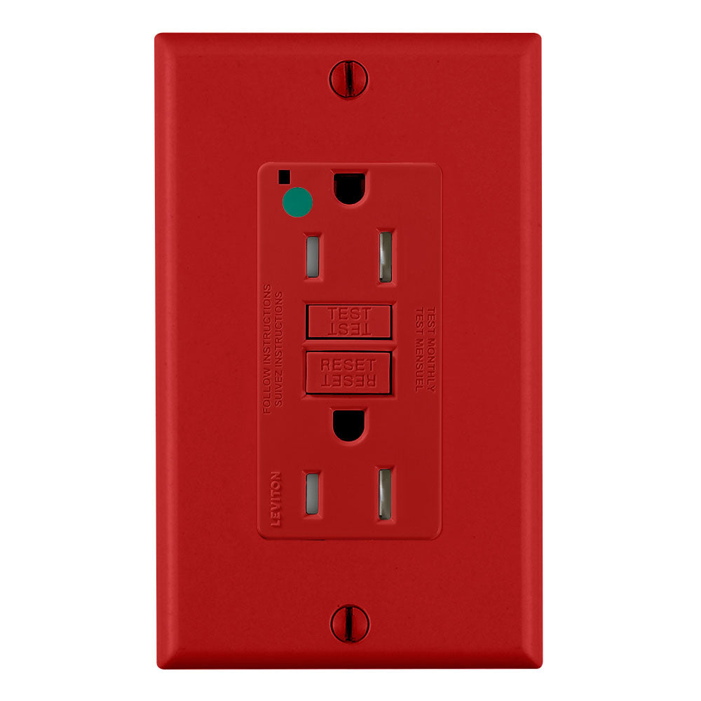 Tomacorriente duplex GFCI grado hospitalario con placa roja - Leviton